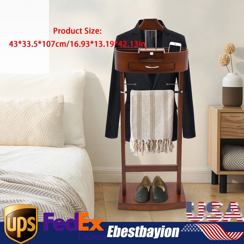 Modern Brown Wood Freestanding Suit Rack Clothing Valet Stand for Home Indoor Use