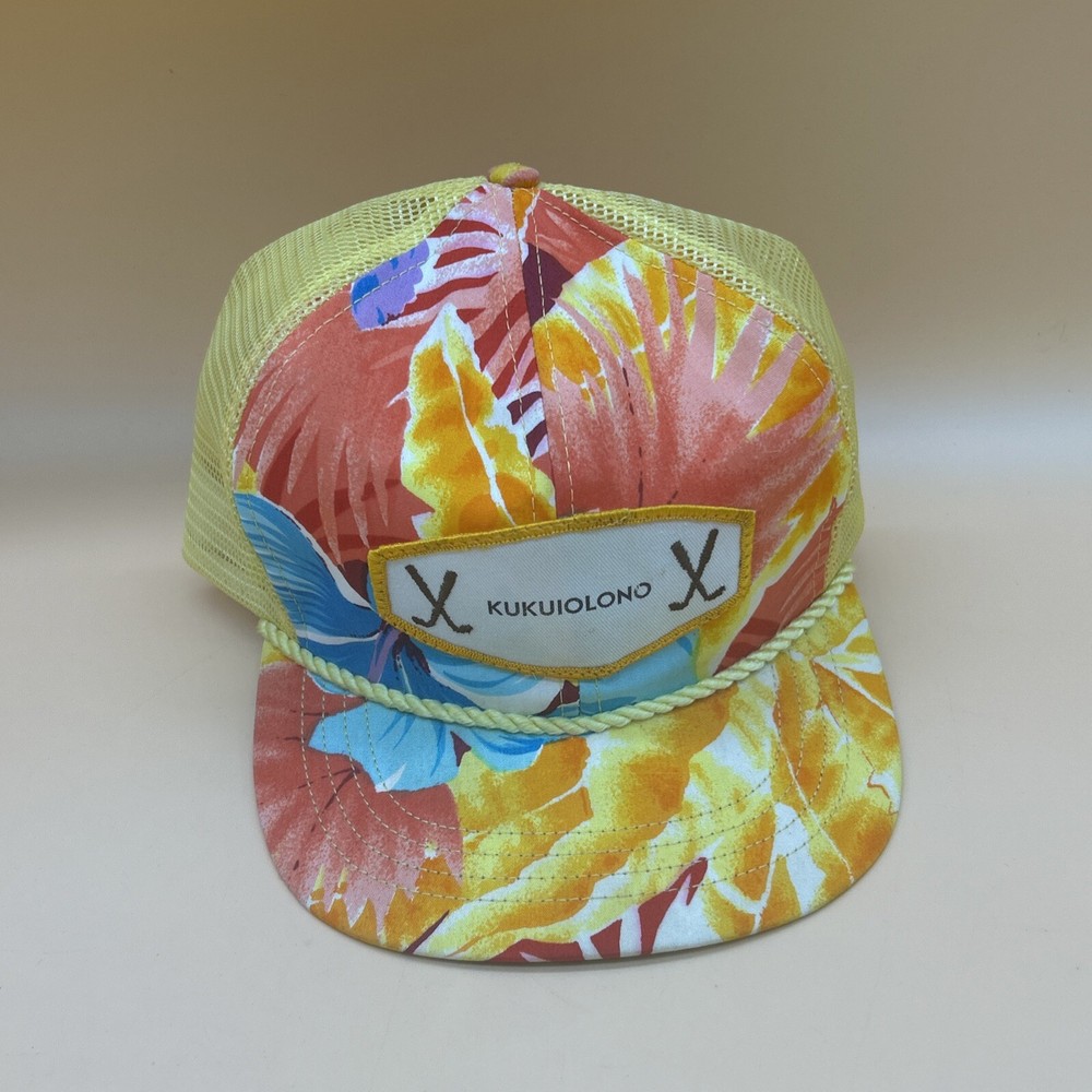 Vintage Hawaiian Head Huggers Kukuiolono Golf Club Hat Mesh Cap Floral Yellow