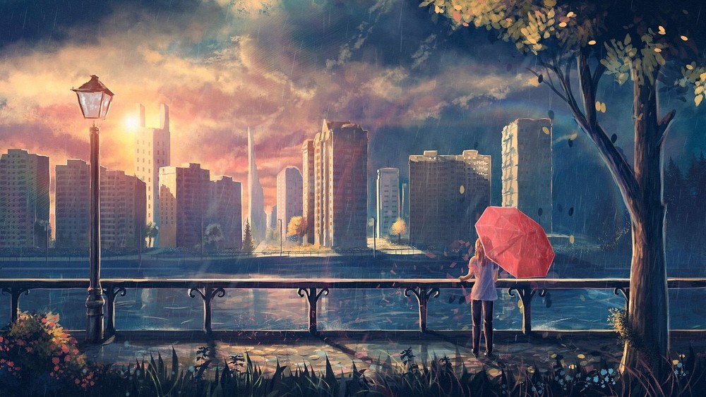 Anime Rain City Park Umbrella Painting Girls Playmat Desk Mat Cityscape