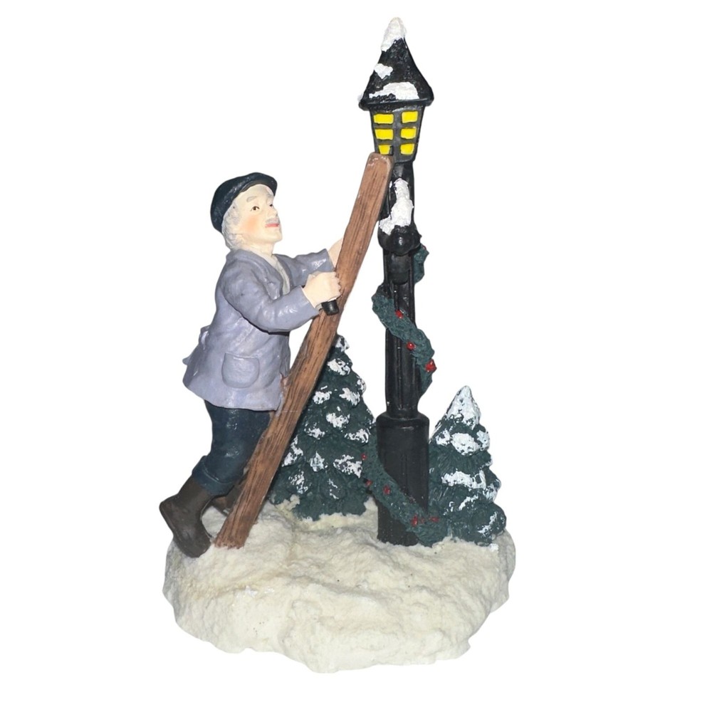 Vintage 1997 Mervyns Christmas Village Square Man on Ladder Tree Figurine Light Post