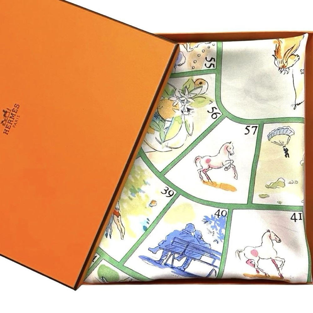 Chic Hermes Carre 90 Silk Scarf Small Happiness Game White Sugorok Design