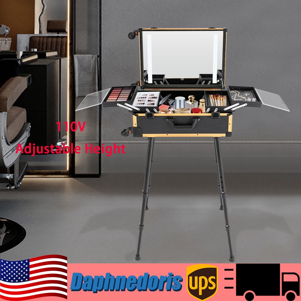 LED Makeup Train Case w Lighted Mirror Cosmetic Organizer Storage 110V