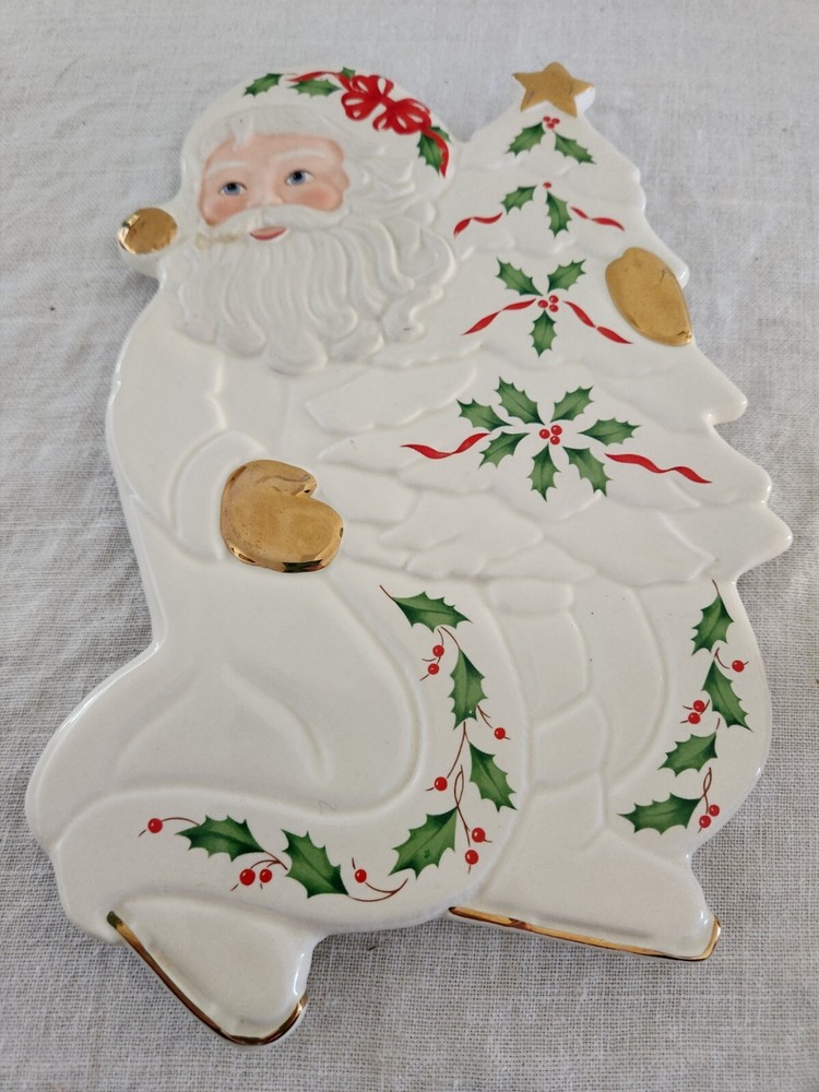 Lenox Holiday Porcelain Trivet Wall Hanging Santa Christmas Décor White & Gold