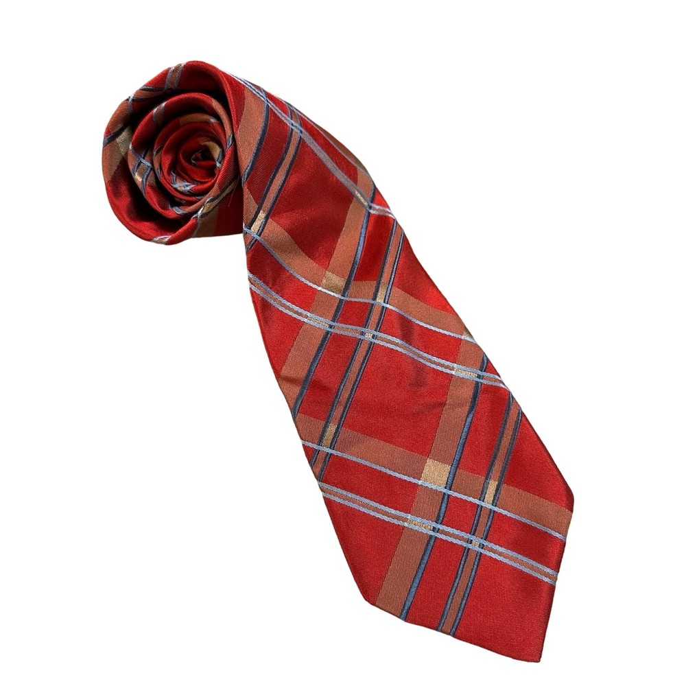 Ike Behar New York Red Tartan Plaid Blue Silk Tie