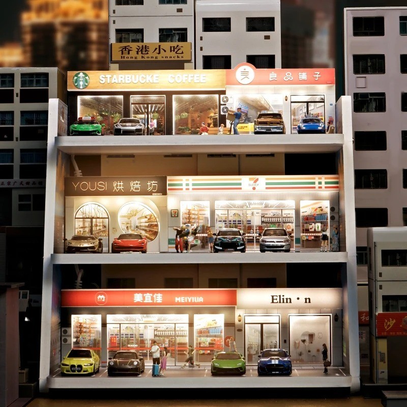 1:64 Auto Shop Miniature Scene Diorama LED Parking Lot Garage Display Box
