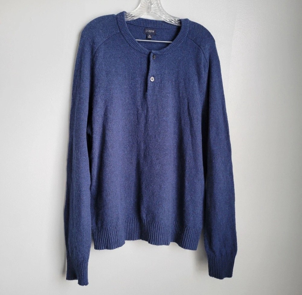 J. CREW Long Sleeve HENLEY SWEATER SIZE XL LAMBS' WOOL Blend BLUE SOLID