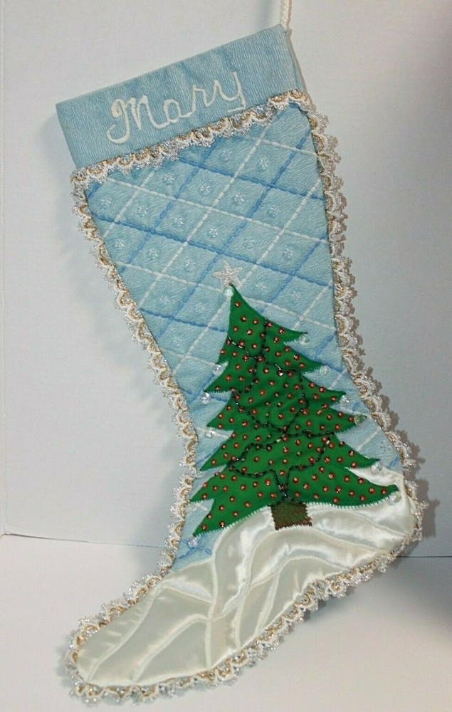 Vintage Handmade Quilted Blue Christmas Stocking Personalized Mary