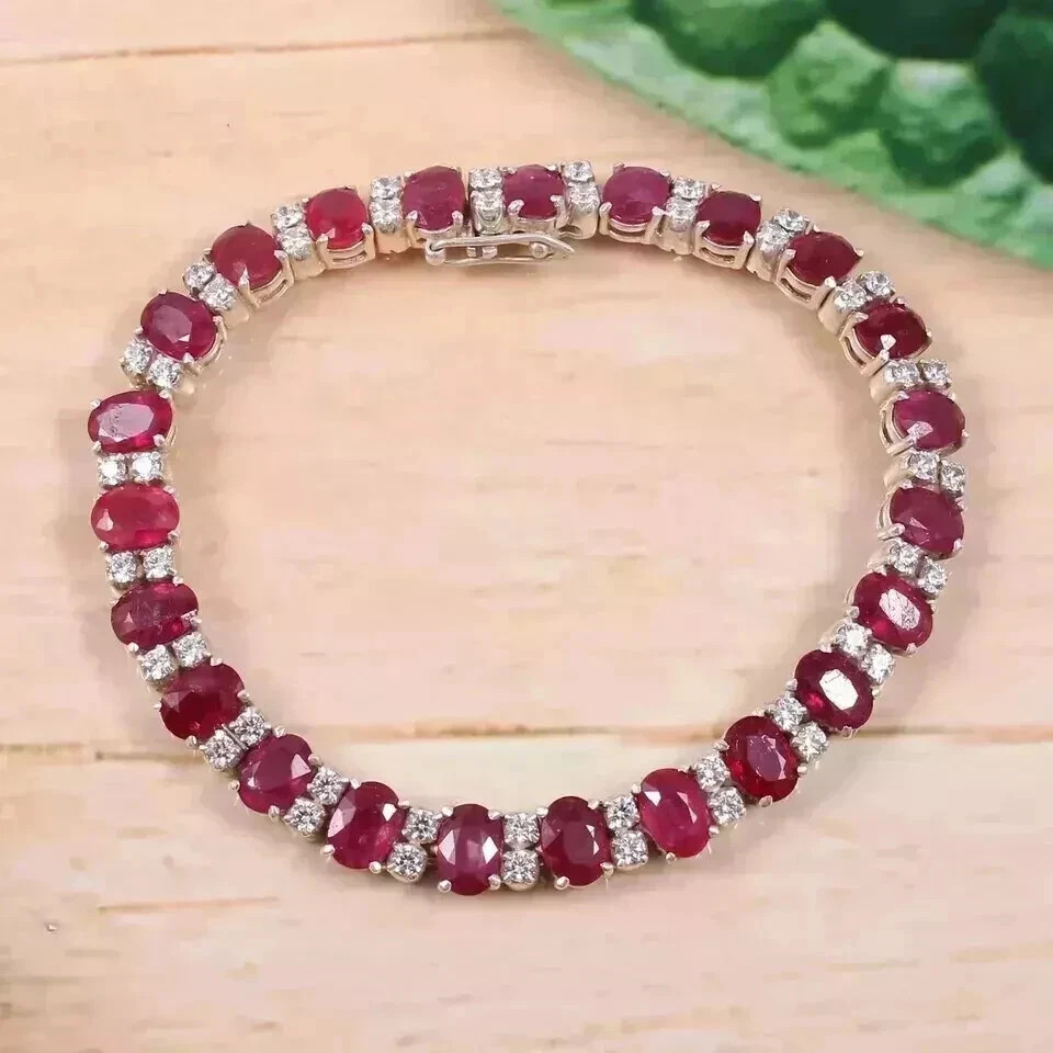 8ct Oval Lab Ruby 14K White Gold Plated 7in Tennis Bracelet for Women