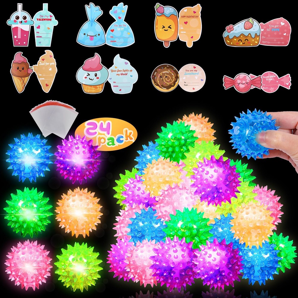 Valentines Day Cards for Kids School, 24 Pack Bouncy Light up Balls with Vale...