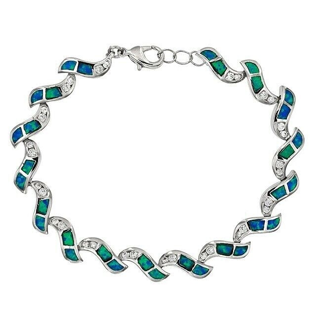 Australian Opal Inlay & Topaz 925 Sterling Silver Tennis Bracelet Jewelry OX5