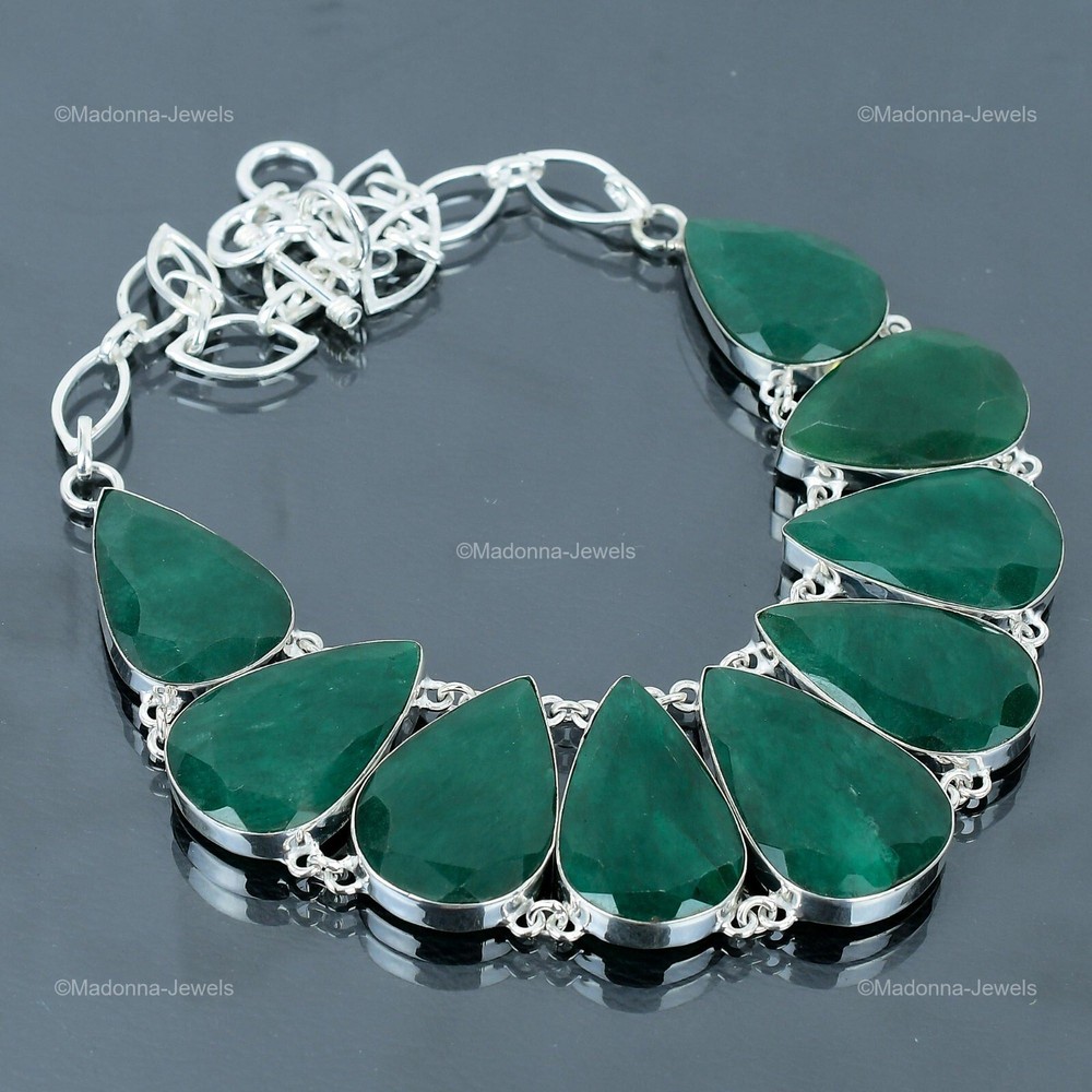 Mothers Day Sale Natural Zambian Emerald 925 Sterling Silver Bezel Chain Necklace-image