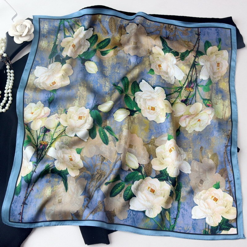 100% Silk Scarf for Women - Hand-Painted Camellia Design Square Bandana 53x53cm