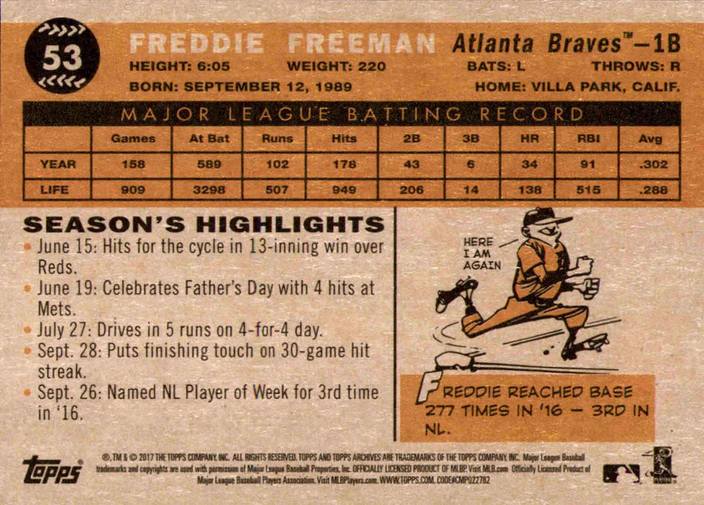 2017 Topps Archives Freddie Freeman Gray Back #53 - Atlanta Braves