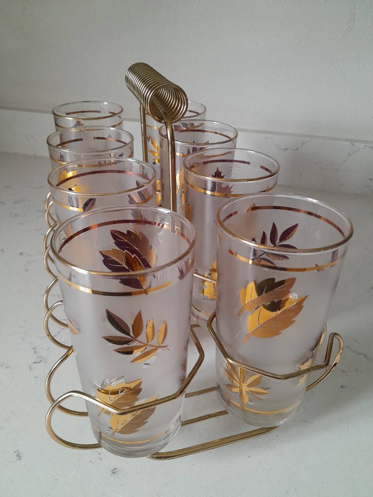 Vintage 1960s Libbey Hollywood Regency Highball Glasses Set of 9 with Brass Caddy Excellent Condition