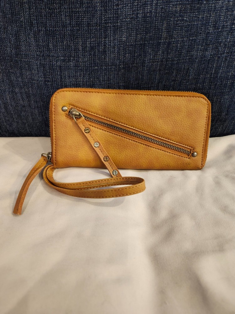 Free People Brown Vegan Faux Leather Studded Zip Wristlet Wallet  