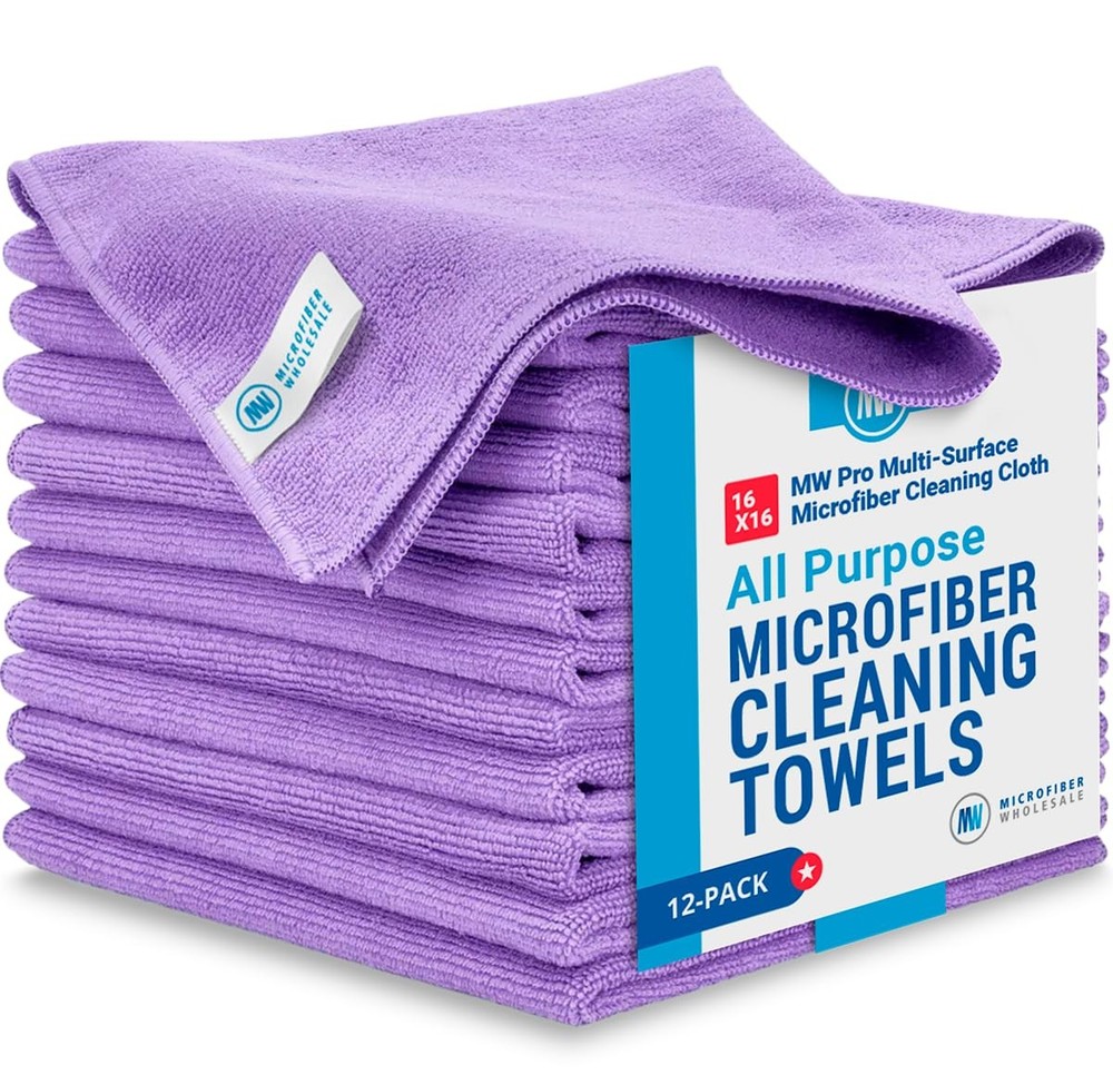 Purple 16x16 Microfiber Cleaning Cloths 12 Pack for Polish and Absorb