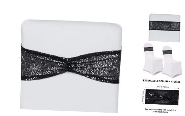 Pack of 50 Sequin Chair Sashes Black Chair Bows Bands for Party Wedding