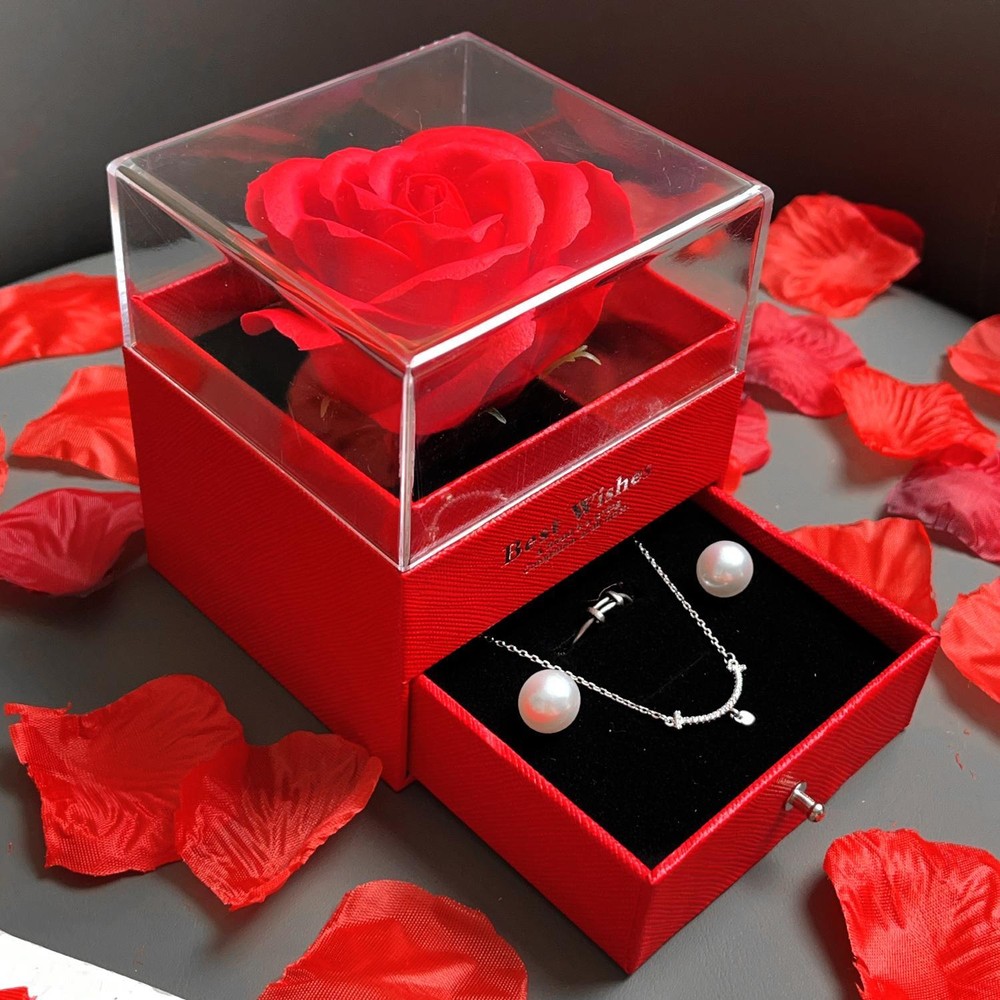 2025 Valentines Day Sparkling Heart Rose Necklace Luxury Gift Box