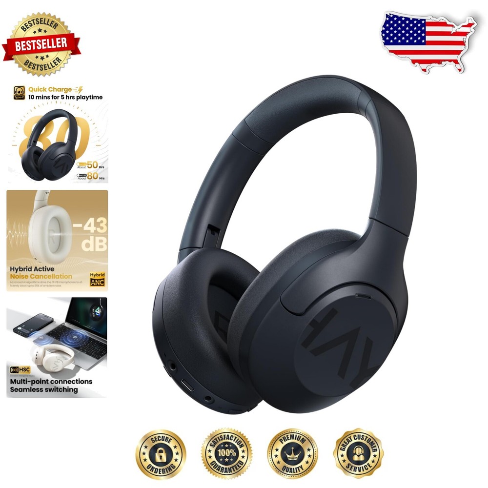 Foldable ANC Headphones with 80H Playtime & Soft Leatherette Ear Cups