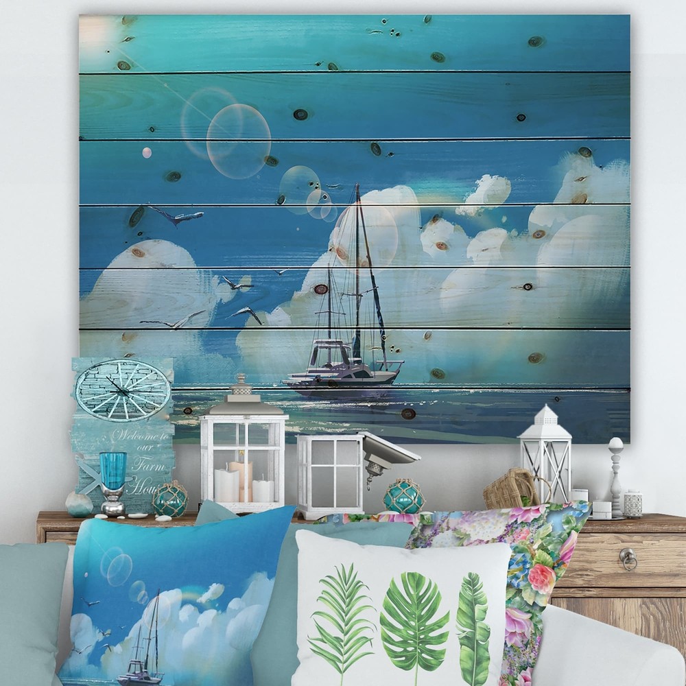 Designart 'The Sailboat On The Blue Sea Against Summer Sky' Blue 40 in. wide x 3