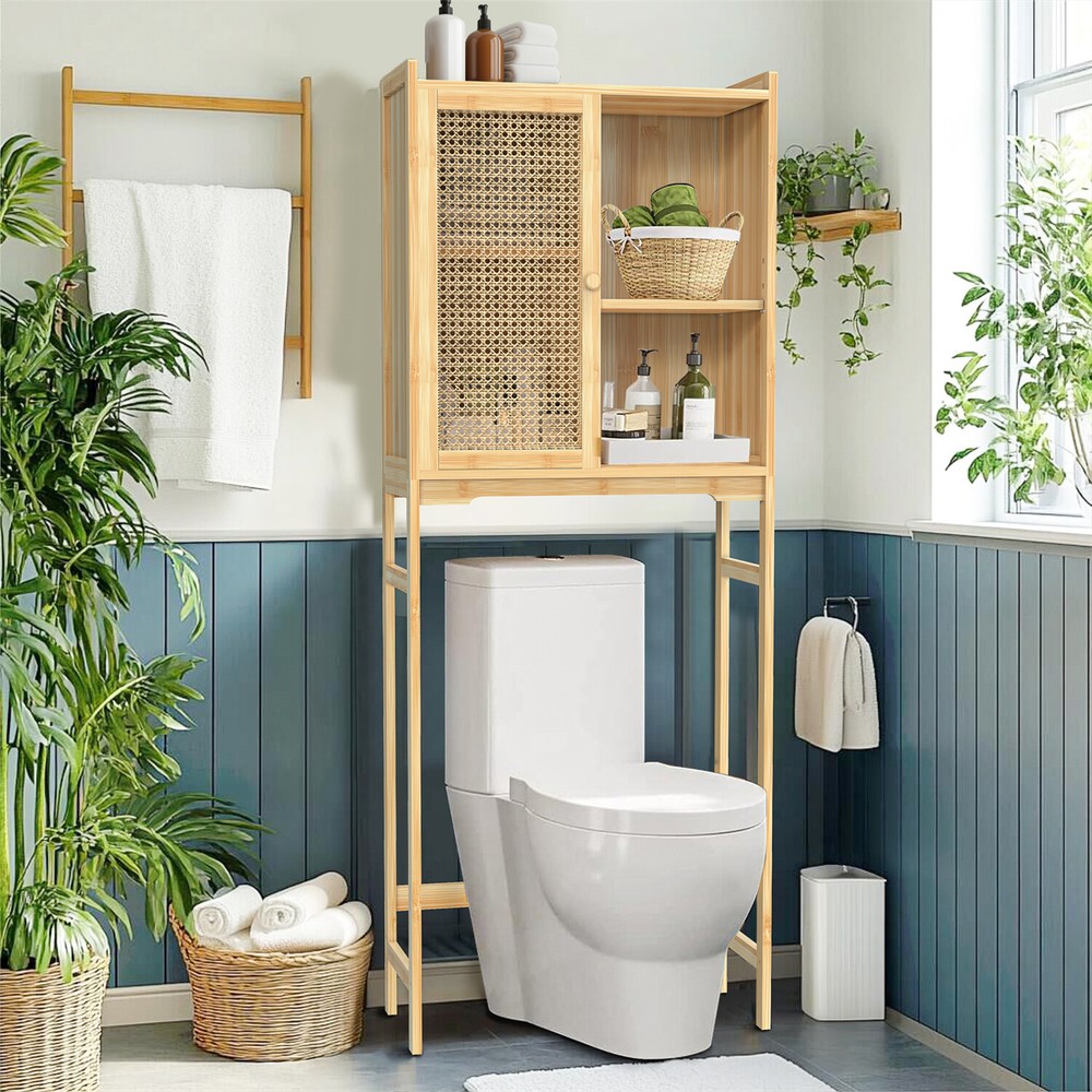 Over The Toilet Rack Bamboo Storage Cabinet Bathroom Shelf Organizer Solid Wood