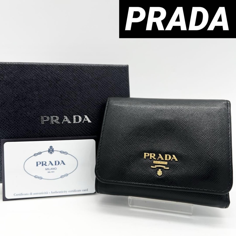 Prada Saffiano Leather Trifold Wallet Black Gold Leather Authentic