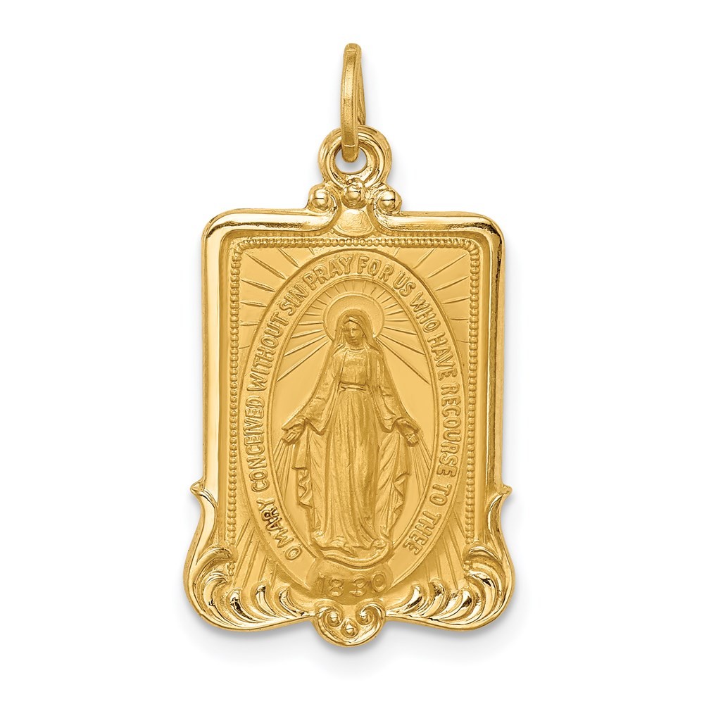 14K Yellow Gold Polished and Satin Solid Miraculous Medal Rectangular Pendant