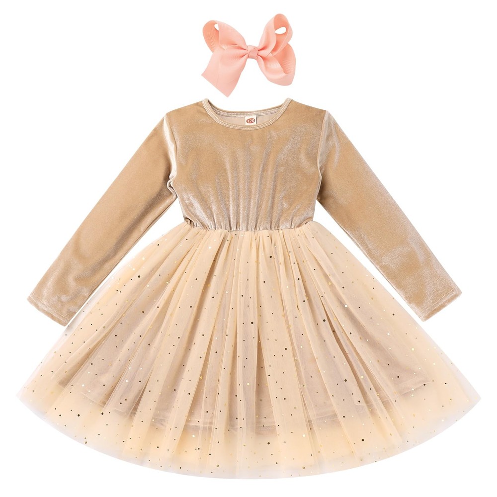 Baby Girls Velvet Dress Headband Outfit Sequin Tulle Tutu Long Sleeve Christm...