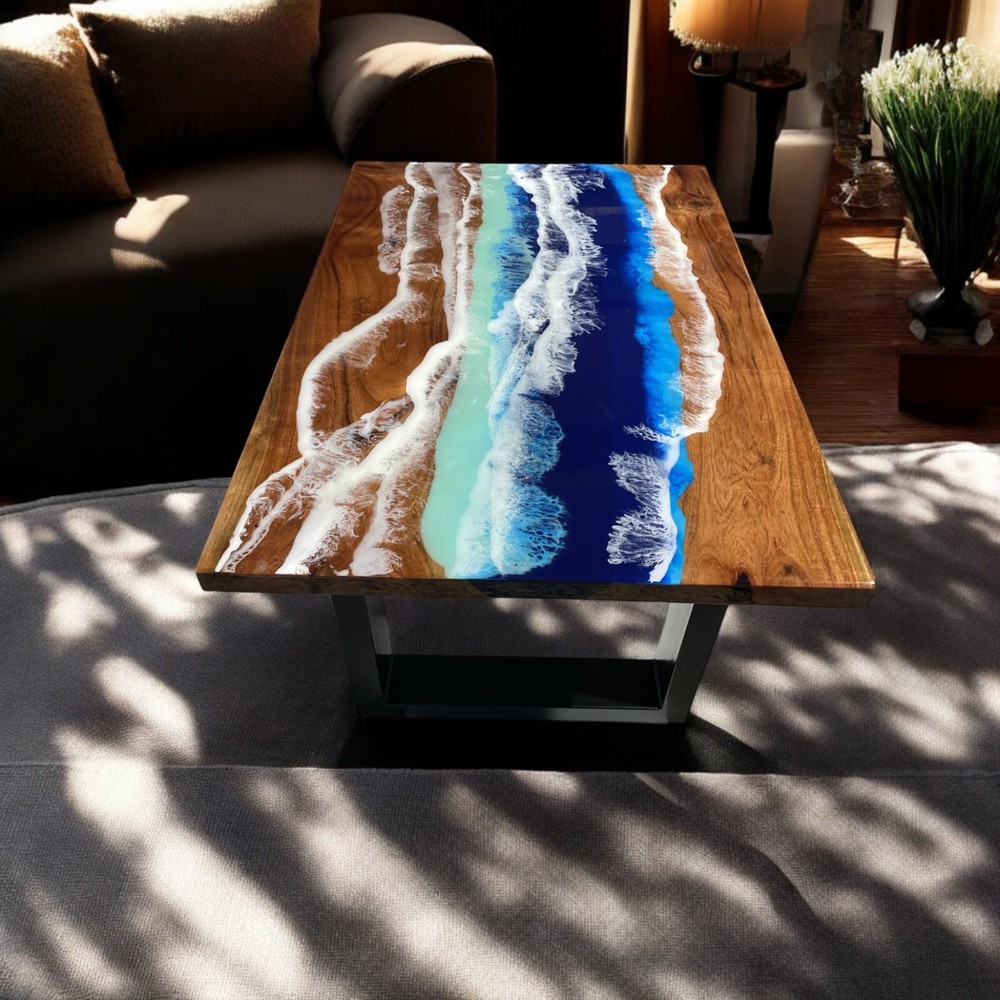 Ocean Epoxy Resin Dining Table with Wave Design and Stand for Luxury Home Decor