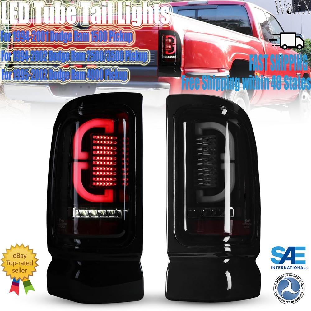 1994-2001 Dodge Ram 1500 LED Tail Lights Smoked Black Brake Lamp Pair
