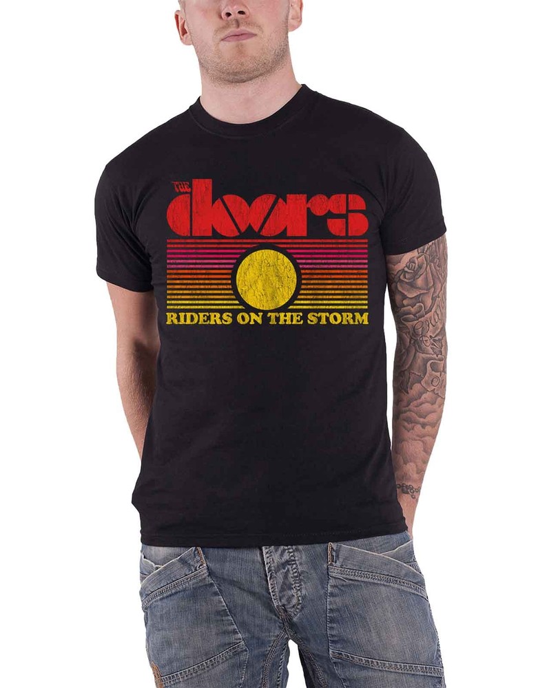 The Doors Riders on the Storm Sunset Logo Distressed Mens Black Tee