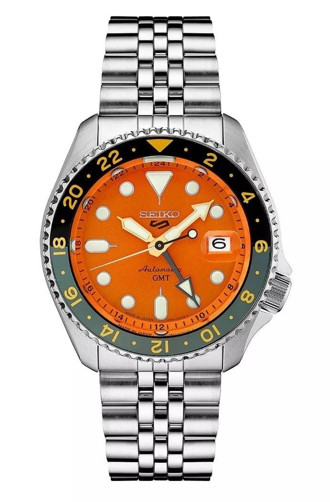 Seiko 5 Sports GMT Automatic Orange Dial Stainless Steel Bracelet Watch New Men