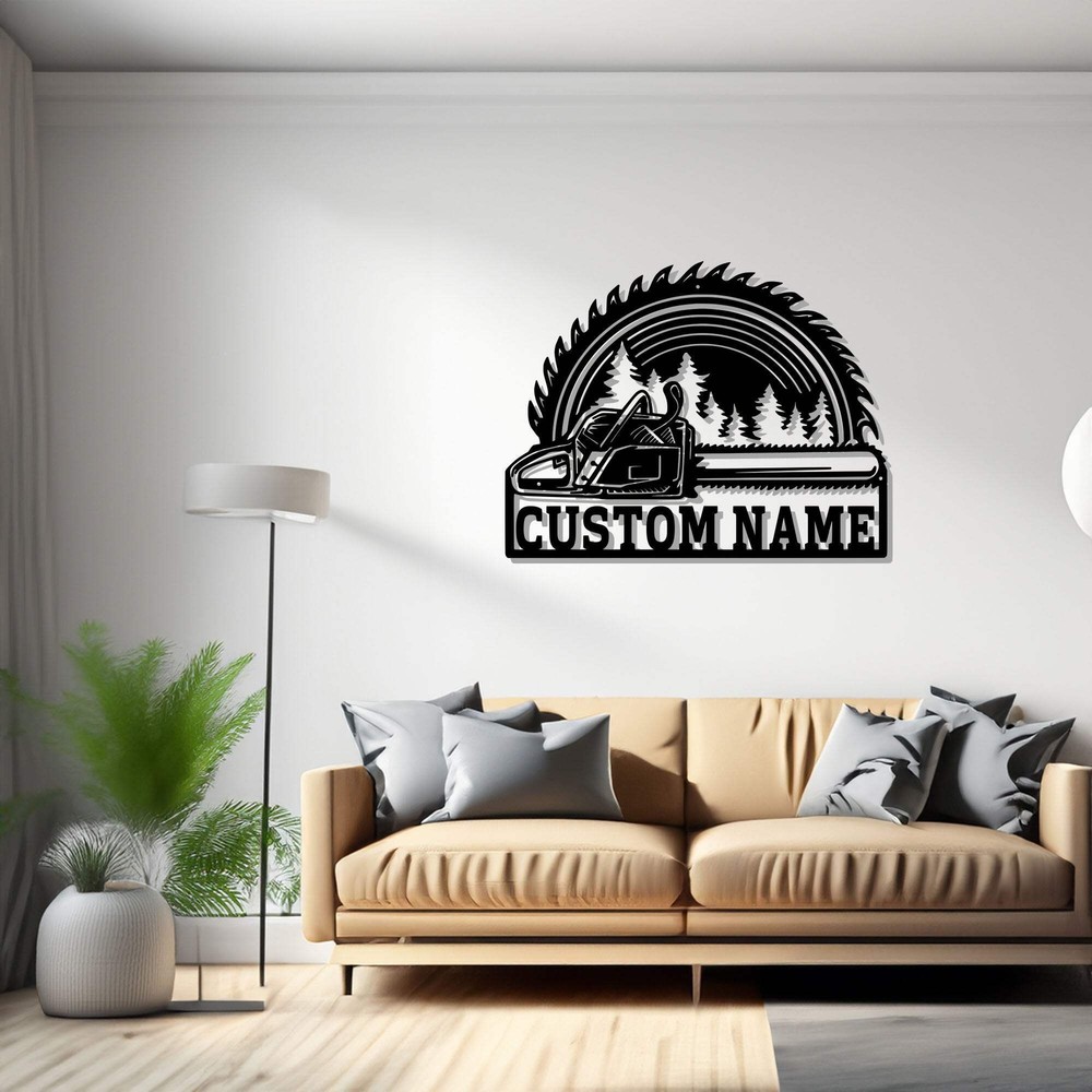 Custom Chainsaw Wood Metal Wall Art, Personalized Woodworker Name Sign Decoratio