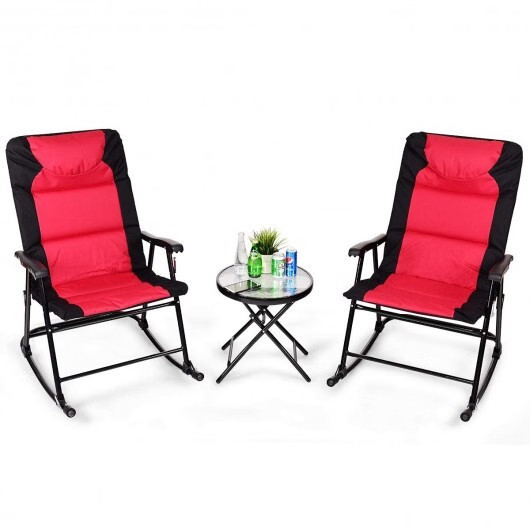 3 Pcs Outdoor Folding Rocking Chair Table Set with Cushion-Black&Red - Color: Re