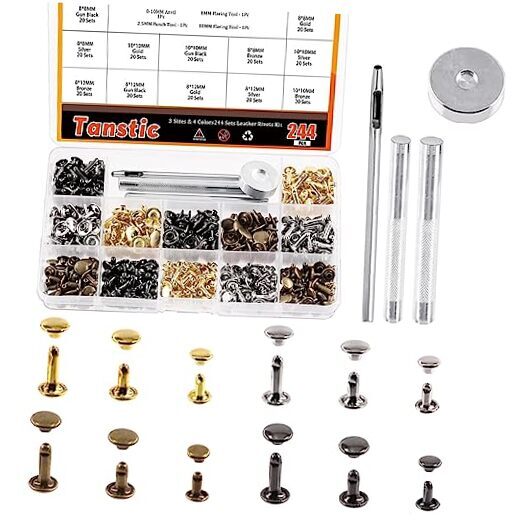 Tanstic 244Pcs Leather Rivets Kit, 3 Sizes 4 Colors Double Cap Rivets B Kit