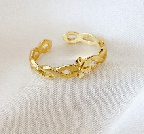 Solid Metal 925 Silver Infinity Flower Adjustable Toe Ring Yellow Gold Plated