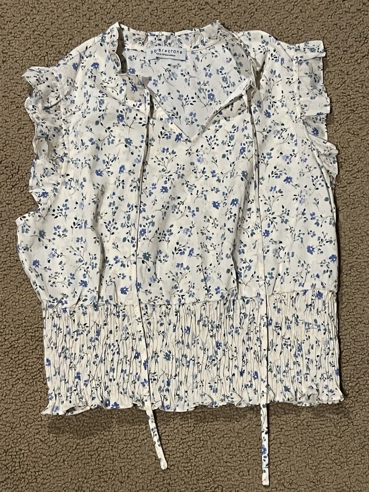 White Floral Paper Crane High Neck Mesh Crop Top Women Size S