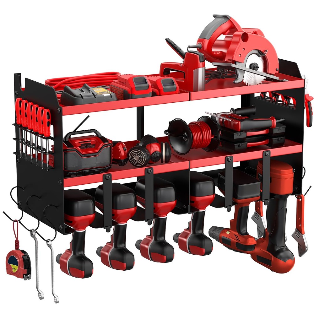 Heavy Duty Metal Wall Mount Power Tool Organizer with 6 Drill Holders