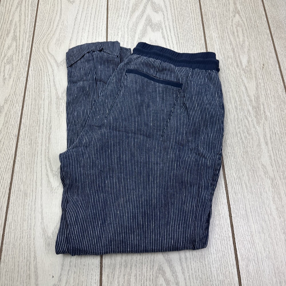 Athleta Bali Linen Pants Womens Size 6 Blue Striped Pockets Elastic Waist