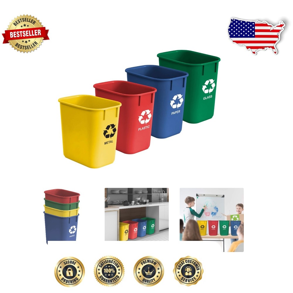 Set of 4 Color-Coded Recycling Bins - 12L Wastebaskets for Eco-Friendly Living