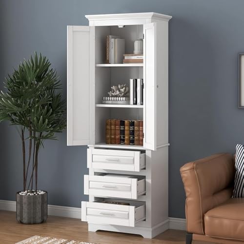 Tall Wood Storage Cabinet with Doors Drawers & Adjustable Shelves - Narrow Design