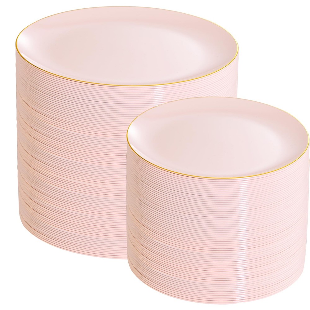 200Pieces Pink Plastic Plates - Premium Hard Pink and Gold Disposable - Inclu...