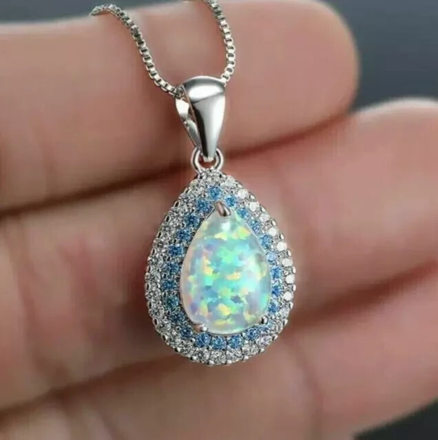 2Ct Pear Cut Simulated Fire Opal Womens Pendant 14K White Gold Plated with Chain