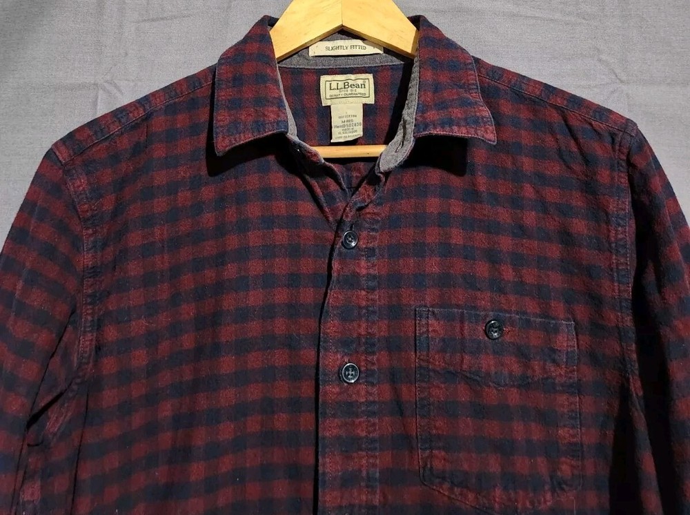 LL Bean Mens Midweight Fitted Flannel Plaid Shirt with Chest Pocket for Hiking