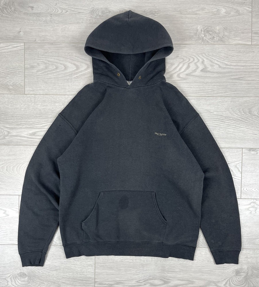 Fruit Of The Loom Vintage Faded Black Blank Boxy Hoodie Mens L Size