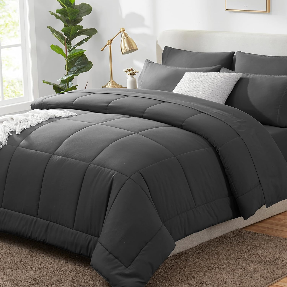CozyLux King Size Comforter Set - 7 Pieces Bed in a Bag Set Dark Grey, King Bed