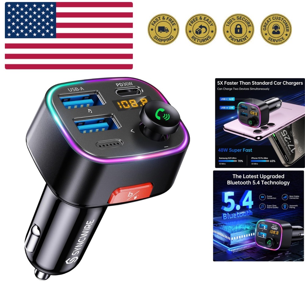 Bluetooth 5.4 FM Transmitter Car Adapter 48W PD 36W & 12W [Light Switch] [HiF...