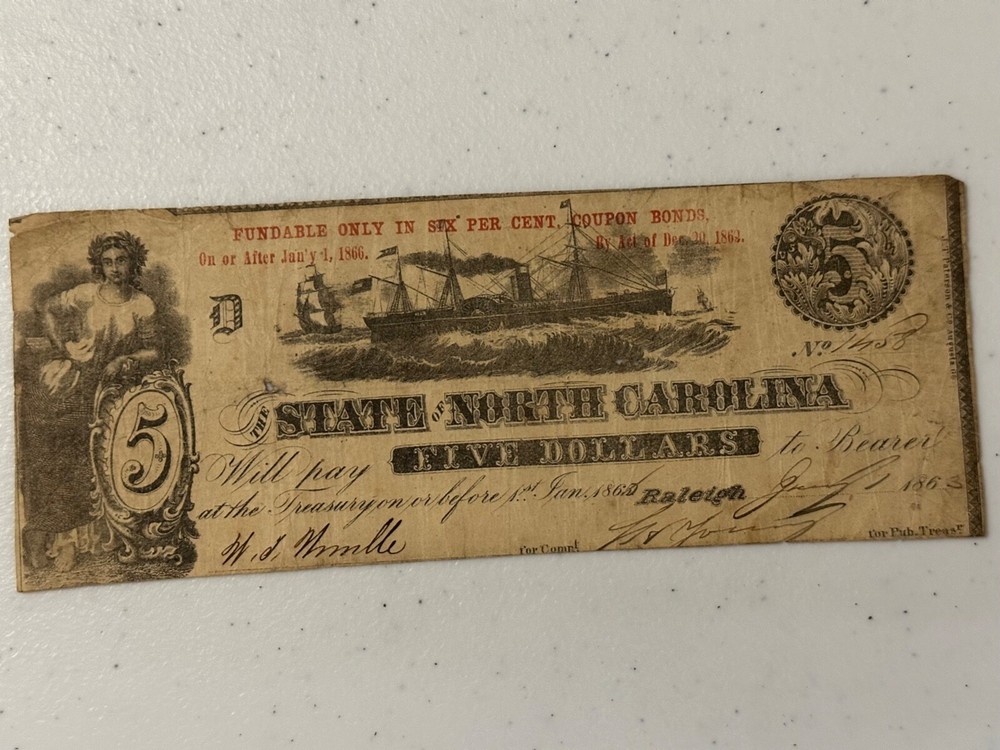 $5 1863 Raleigh North Carolina Red Fundable ONLY CR124B  Serial #1458