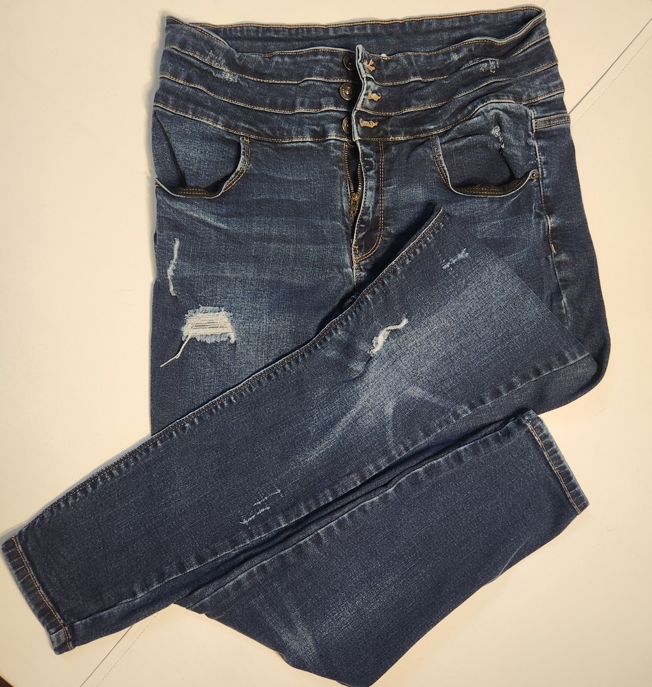 Wax Jean Collection Size 14 Blue Denim Ankle Ripped Distressed High Rise 3 Btns