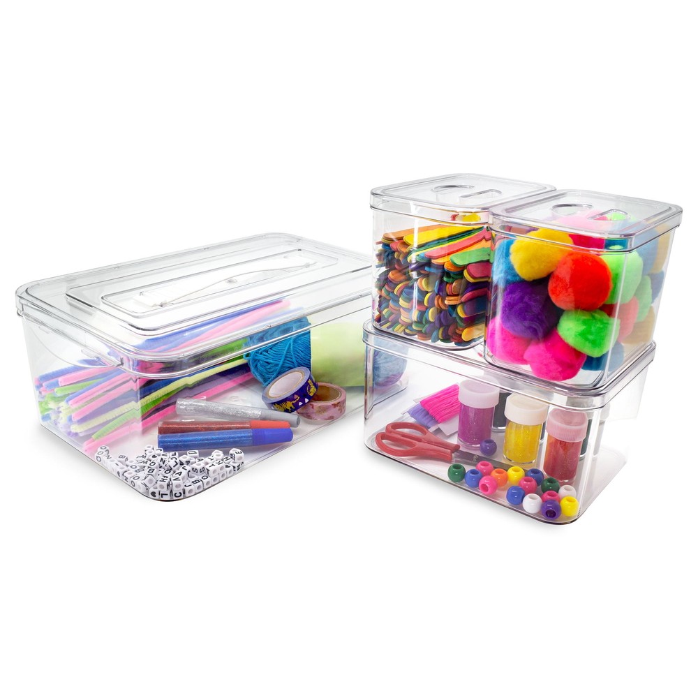 Stackable Nesting 4-Piece Plastic Storage Bins for Arts Crafts Organizing